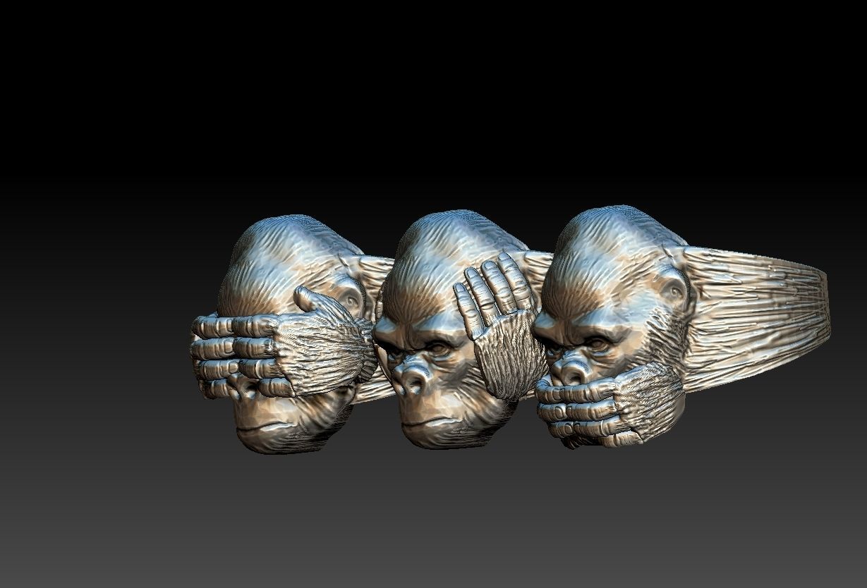 Gorillas No Evil Ring 3D print model_5