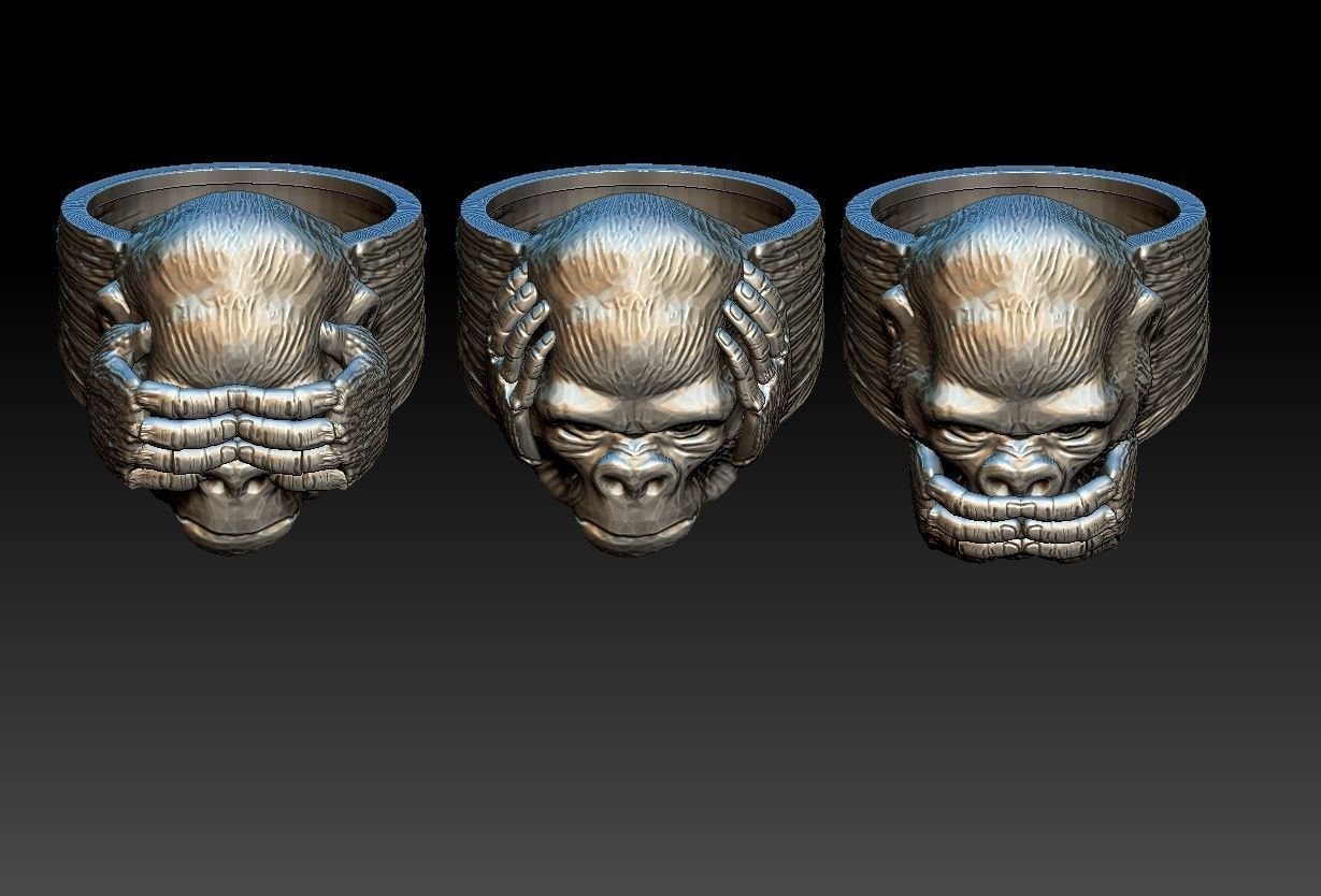 Gorillas No Evil Ring 3D print model_12