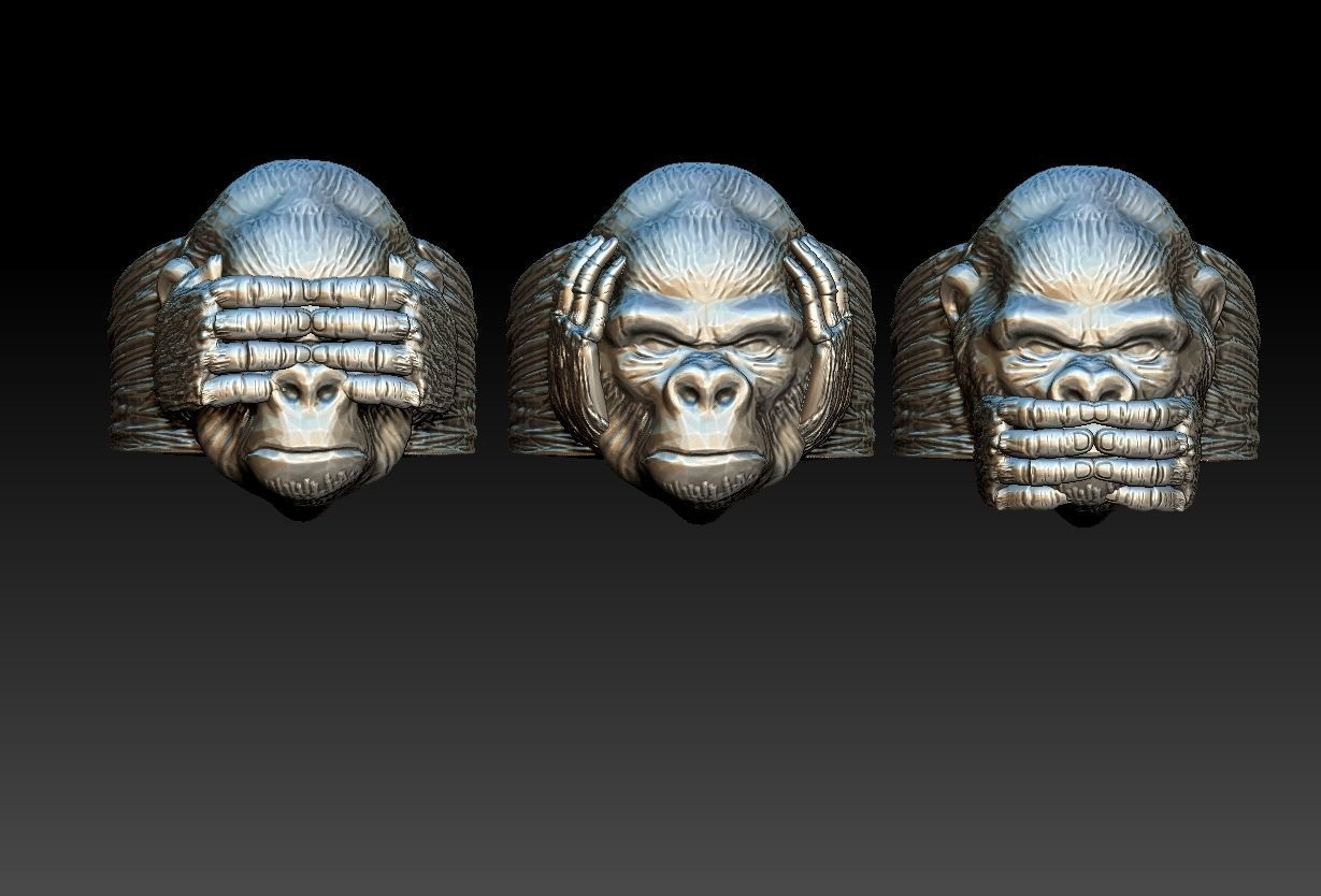 Gorillas No Evil Ring 3D print model_1