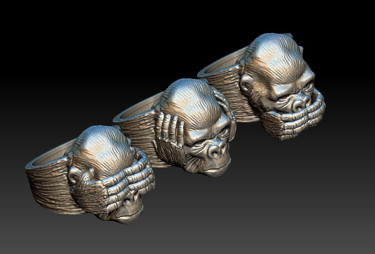 Gorillas No Evil Ring 3D print model_3