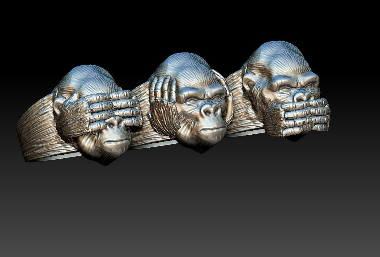 Gorillas No Evil Ring 3D print model_2