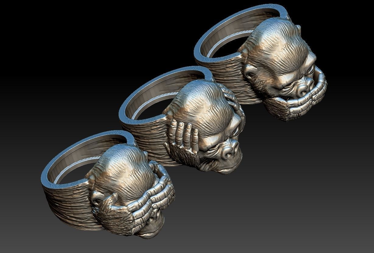 Gorillas No Evil Ring 3D print model_4