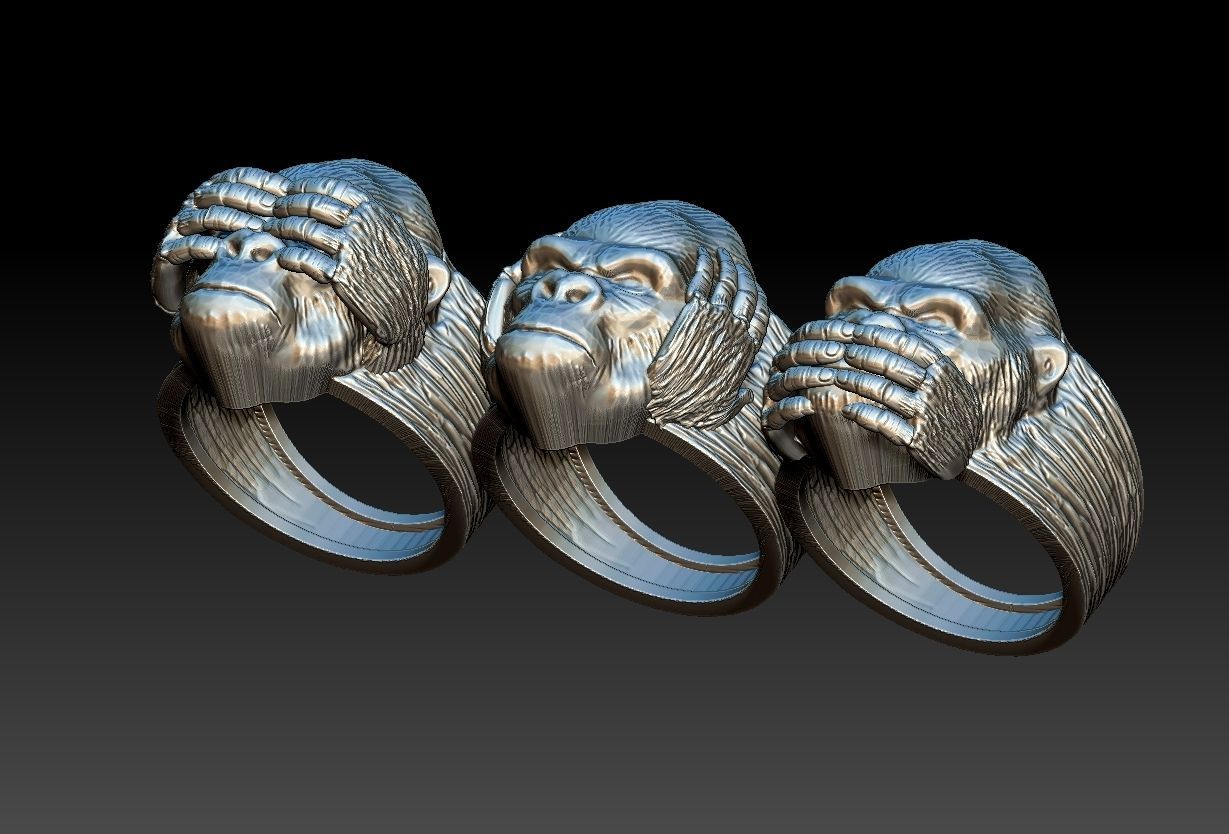 Gorillas No Evil Ring 3D print model_11