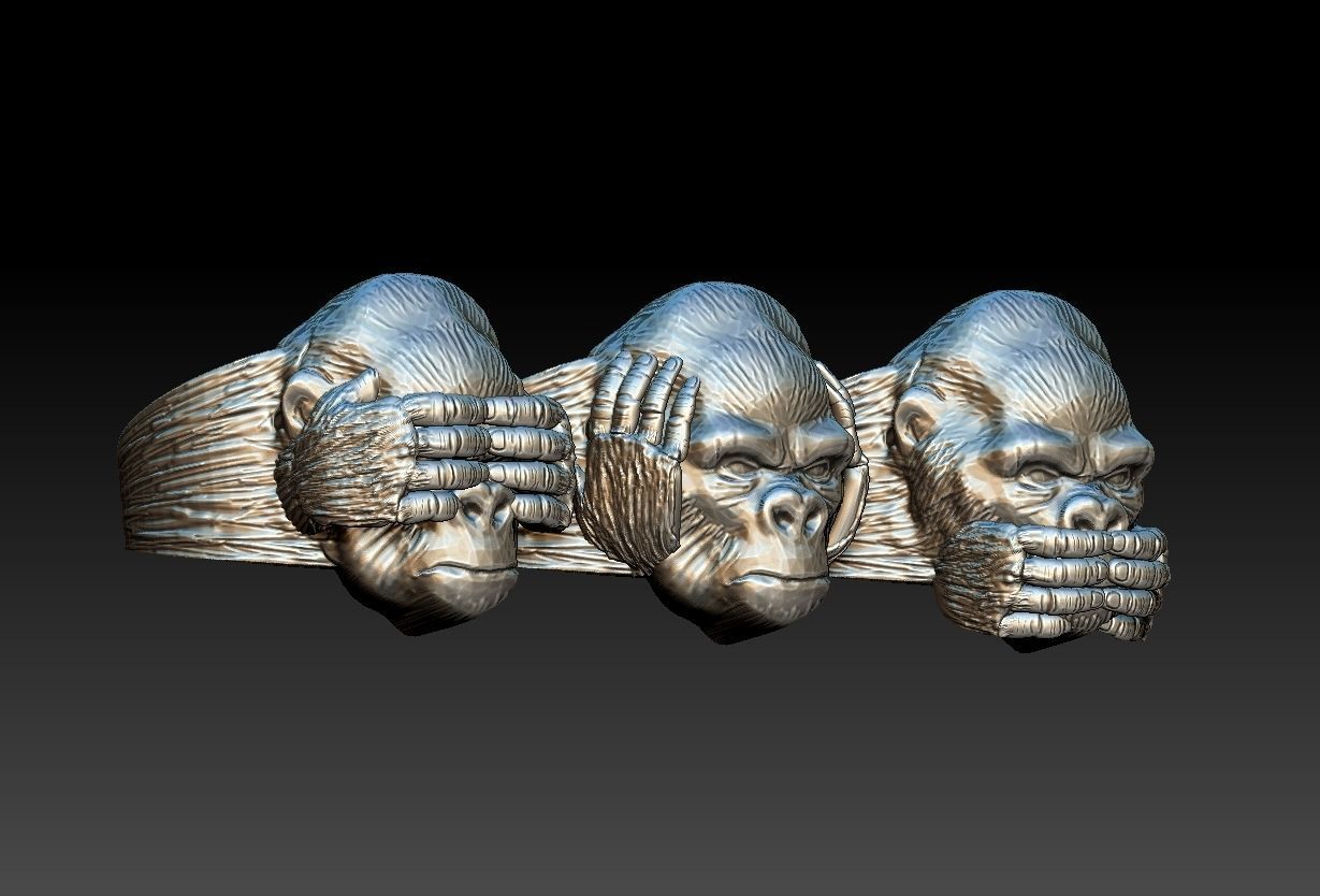 Gorillas No Evil Ring 3D print model_7