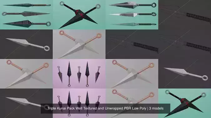 Triple Kunai Pack Well Textured and Unwrapped PBR Low Poly 3D Model Collection