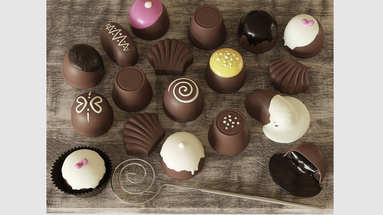 Chocolate Set assortment of chocolates on wooden tray 3D model_1
