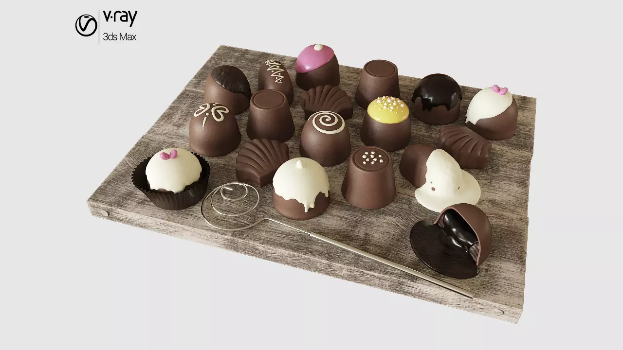 Chocolate Set assortment of chocolates on wooden tray 3D model_0