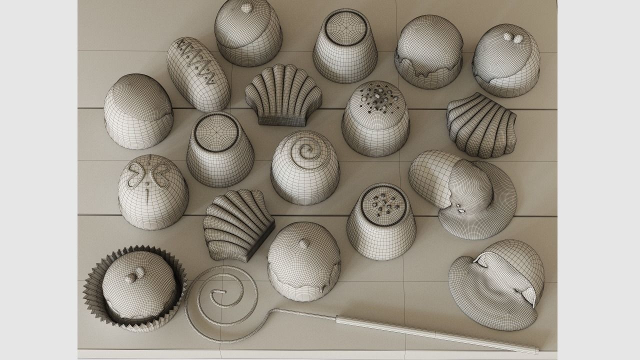 Chocolate Set assortment of chocolates on wooden tray 3D model_2