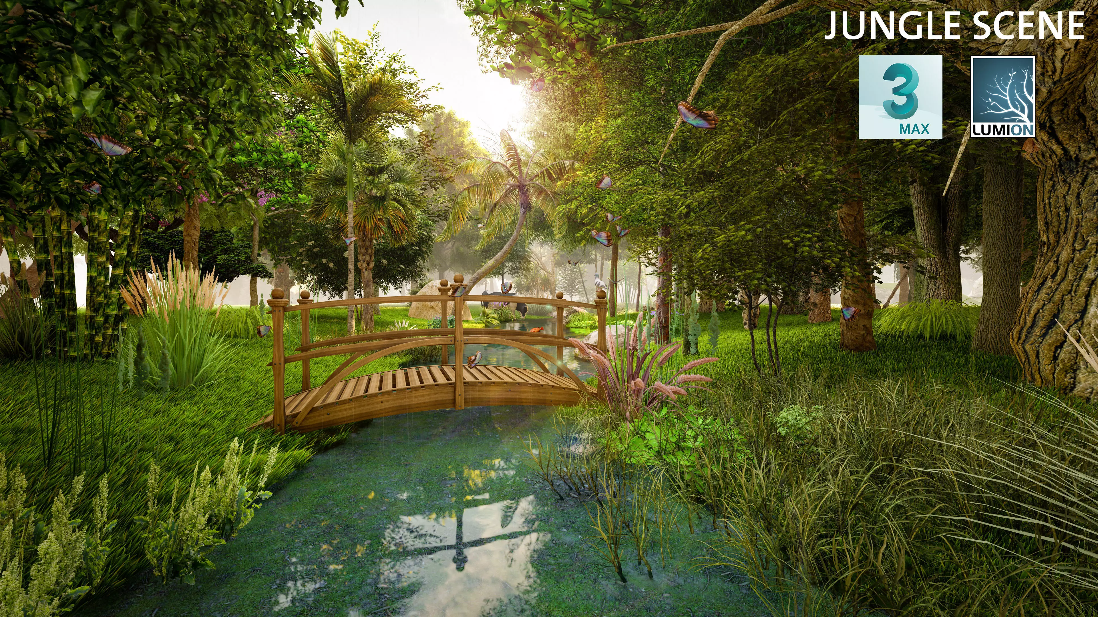 Forest jungle with bridge and trees Low-poly 3D model