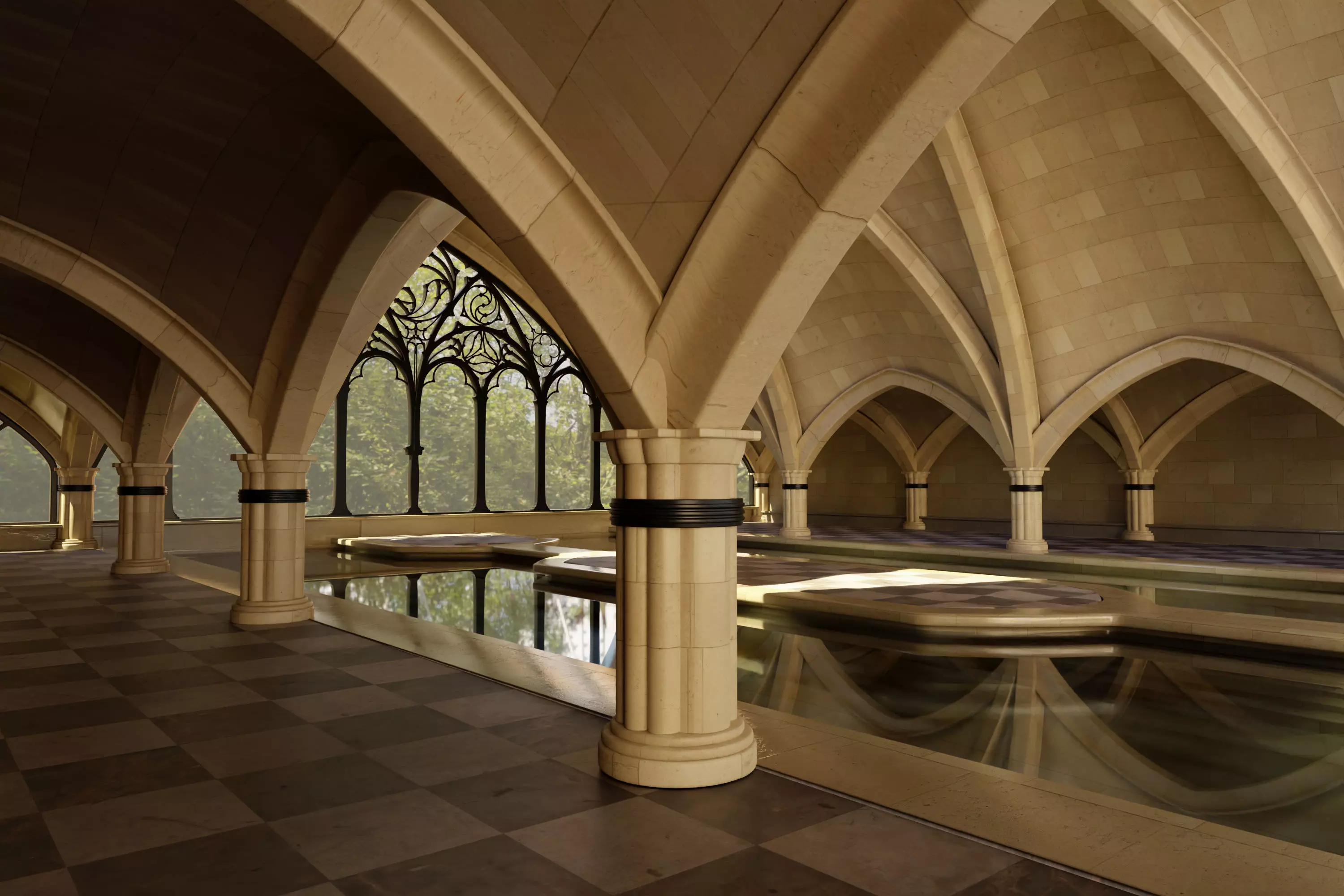 Indoor spa swimming pool in ancient building style 3D model_0