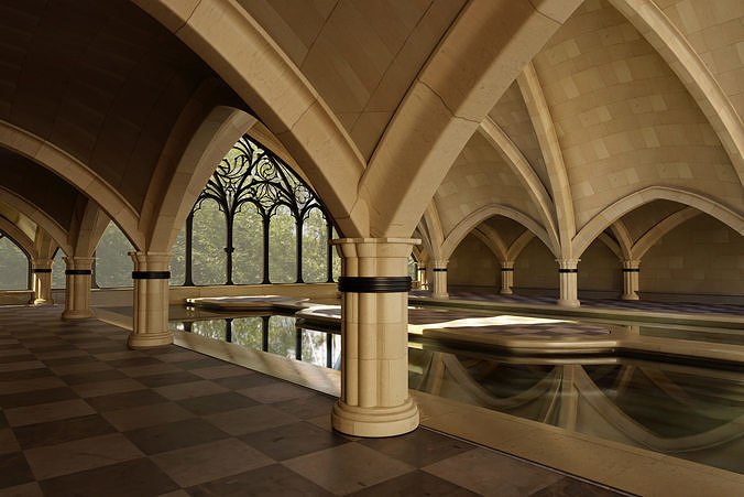 Indoor spa swimming pool in ancient building style 3D model