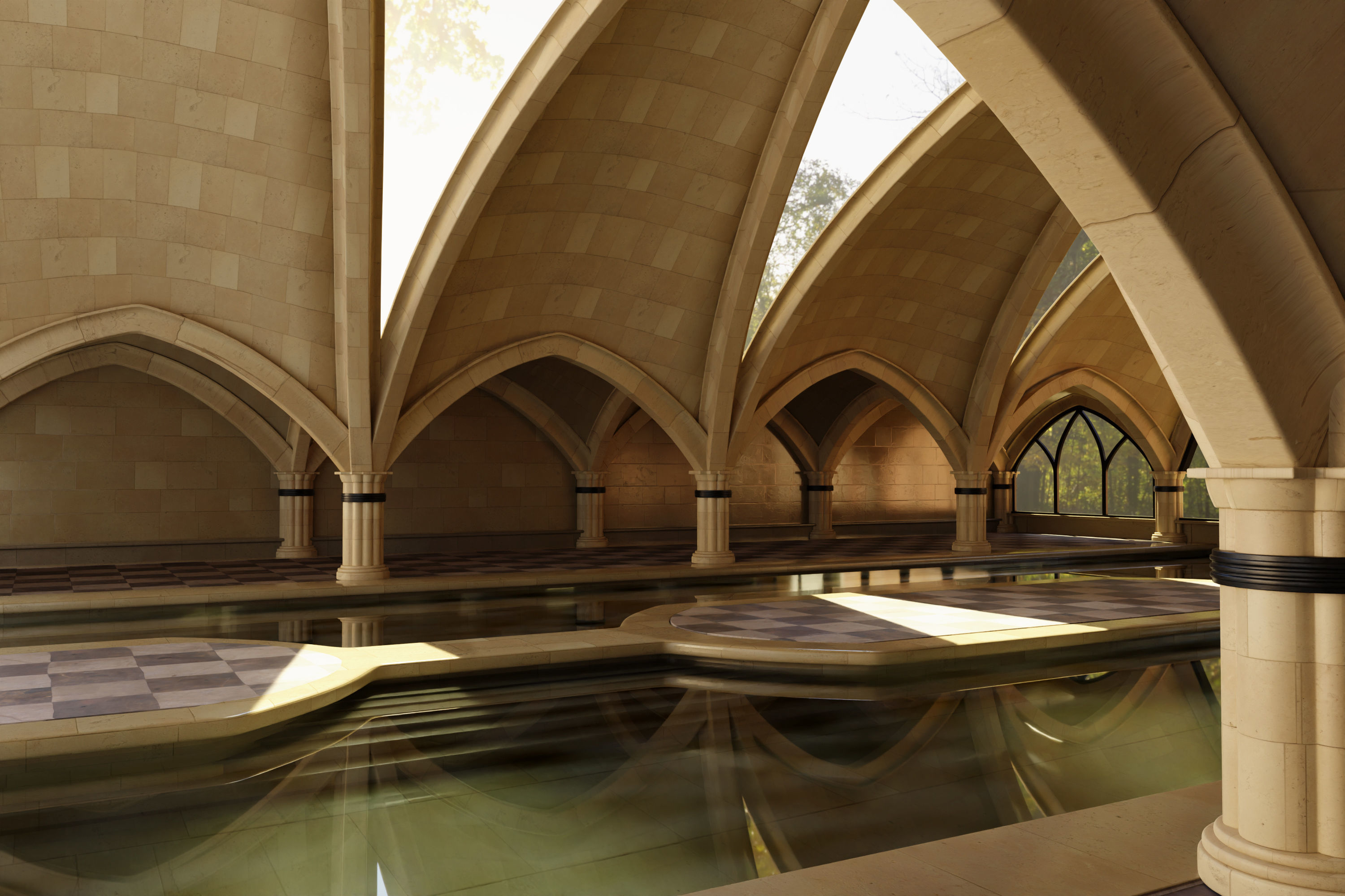 Indoor spa swimming pool in ancient building style 3D model_3