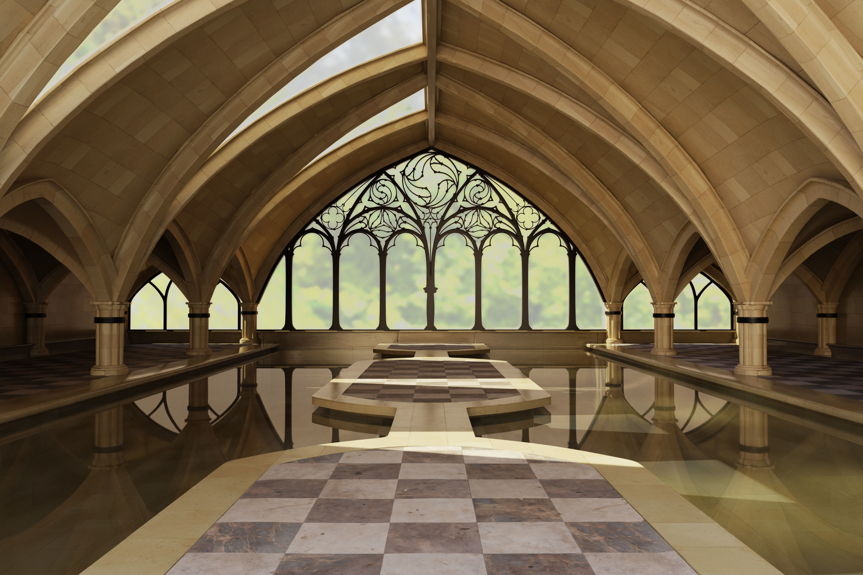 Indoor spa swimming pool in ancient building style 3D model_2