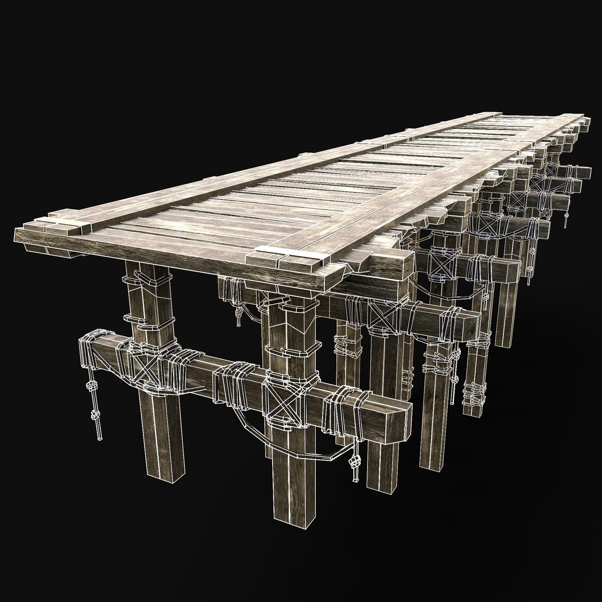 RAIL BRIDGE MEDIEVAL WOODEN PLATFORM CONSTRUCTION ENTERABLE Low-poly 3D model_8