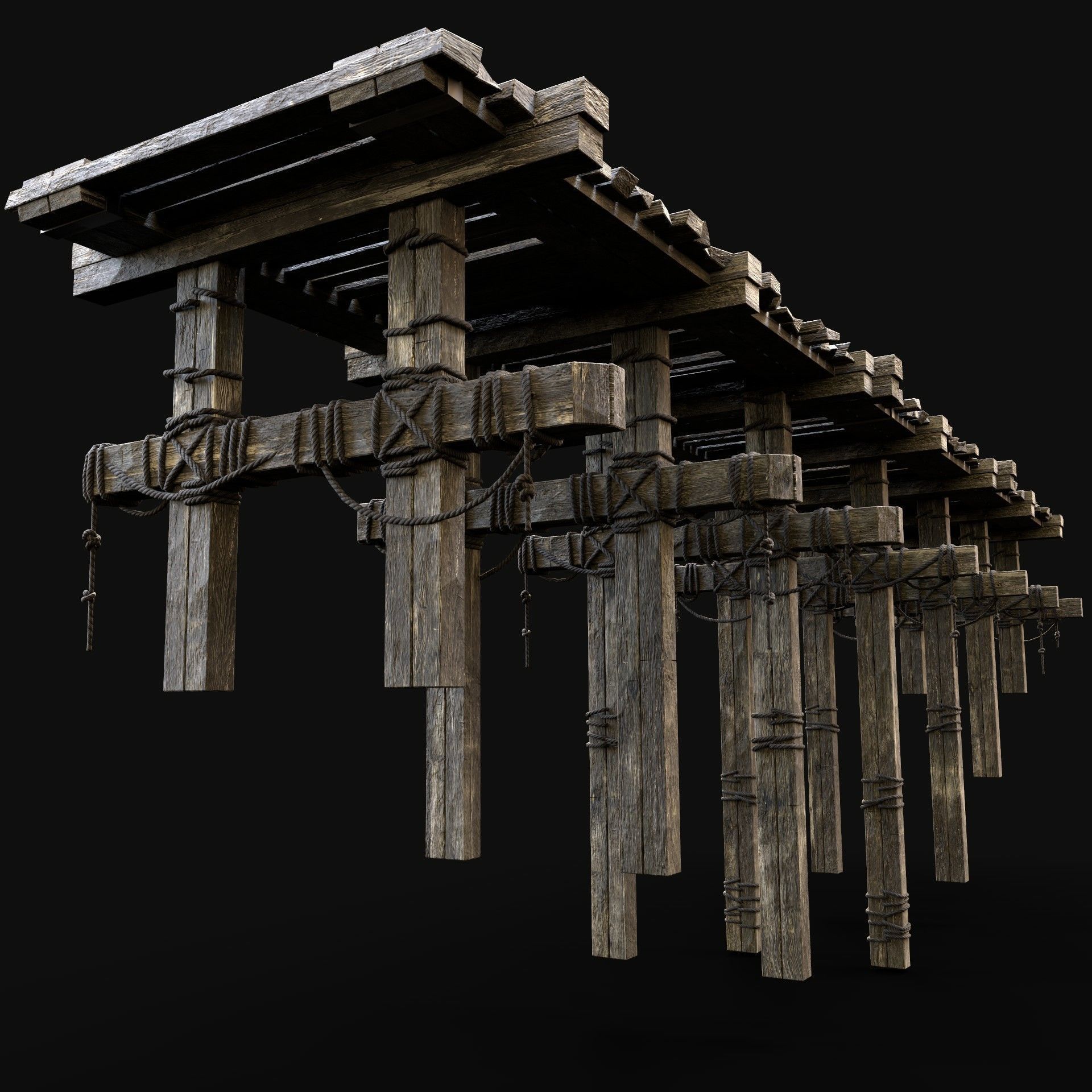 RAIL BRIDGE MEDIEVAL WOODEN PLATFORM CONSTRUCTION ENTERABLE Low-poly 3D model_4