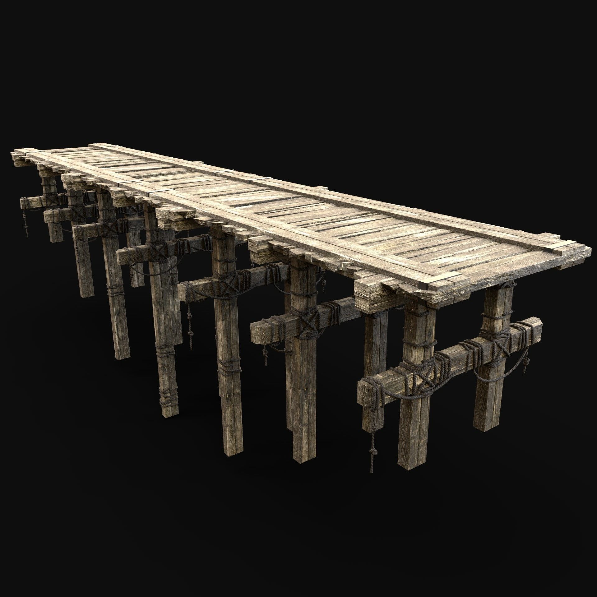 RAIL BRIDGE MEDIEVAL WOODEN PLATFORM CONSTRUCTION ENTERABLE Low-poly 3D model_2