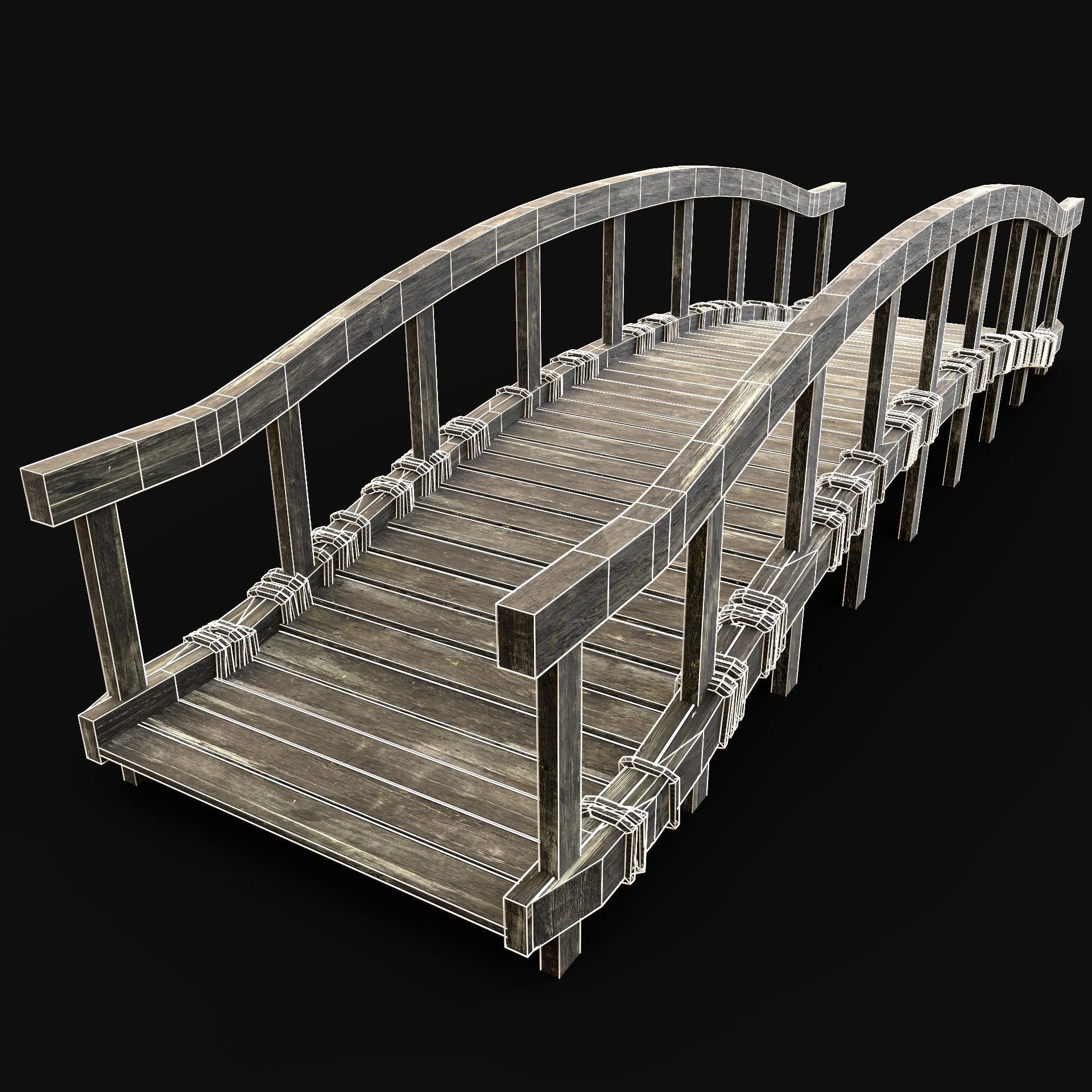 WOODEN BRIDGE MEDIEVAL PLATFORM CONSTRUCTION ENTERABLE Low-poly 3D model_8