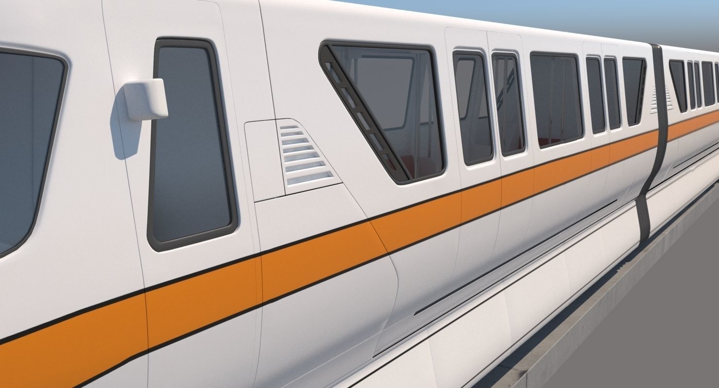 Monorail commuter train on side of concrete wall 3D model_3