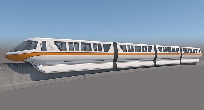Monorail commuter train on side of concrete wall 3D model