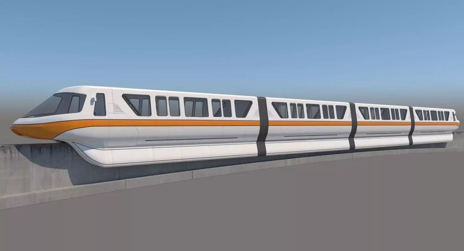 Monorail commuter train on side of concrete wall 3D model_0