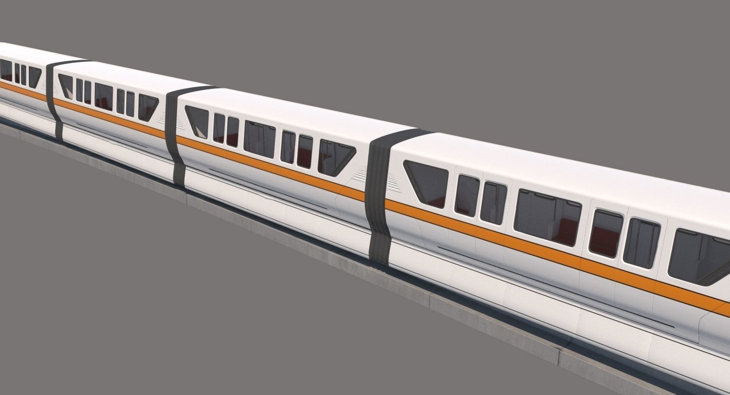 Monorail commuter train on side of concrete wall 3D model_8