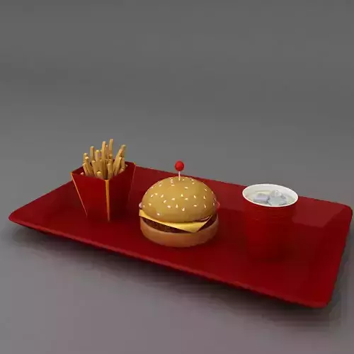 Burger fries cold drink on serving plate 3d model 