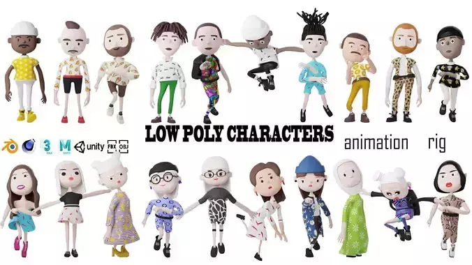 Low poly cartoon characters 1 03 pack 3d model