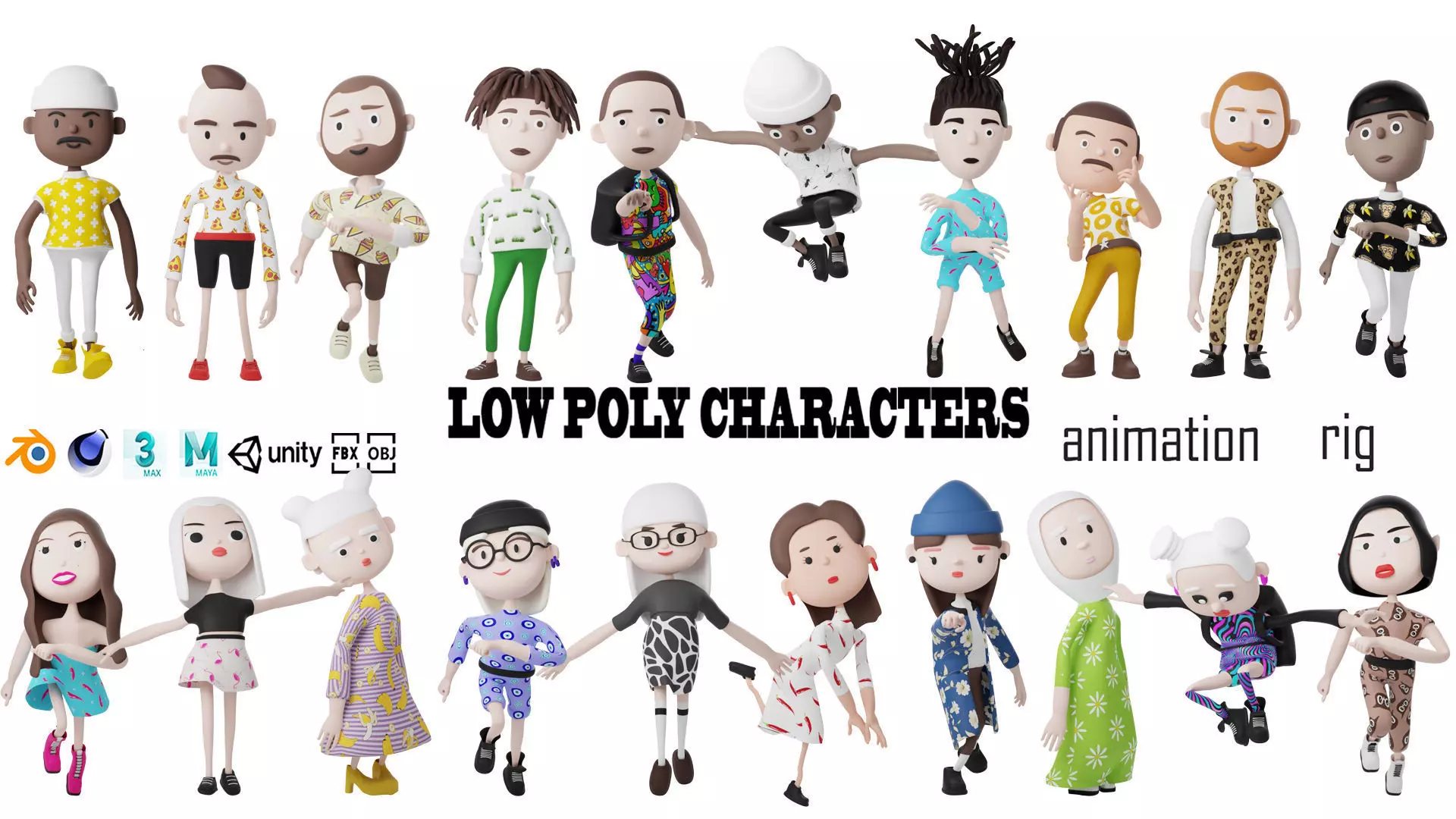 Low poly cartoon characters 1 03 pack 3d model Low-poly 3D model_0