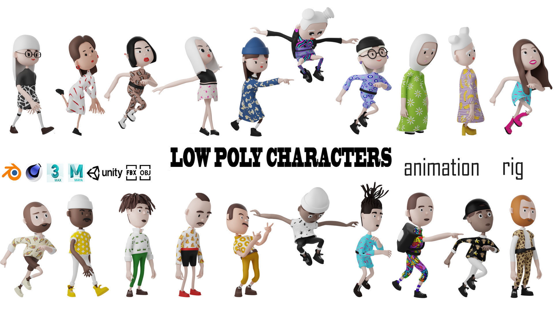 Low poly cartoon characters 1 03 pack 3d model Low-poly 3D model_2
