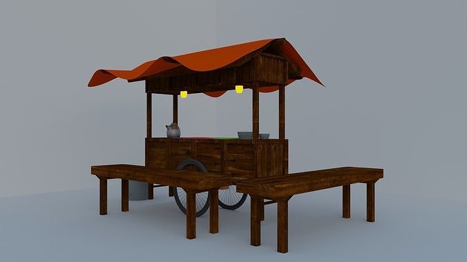 Angkringan wooden food cart with orange canopy 3D model