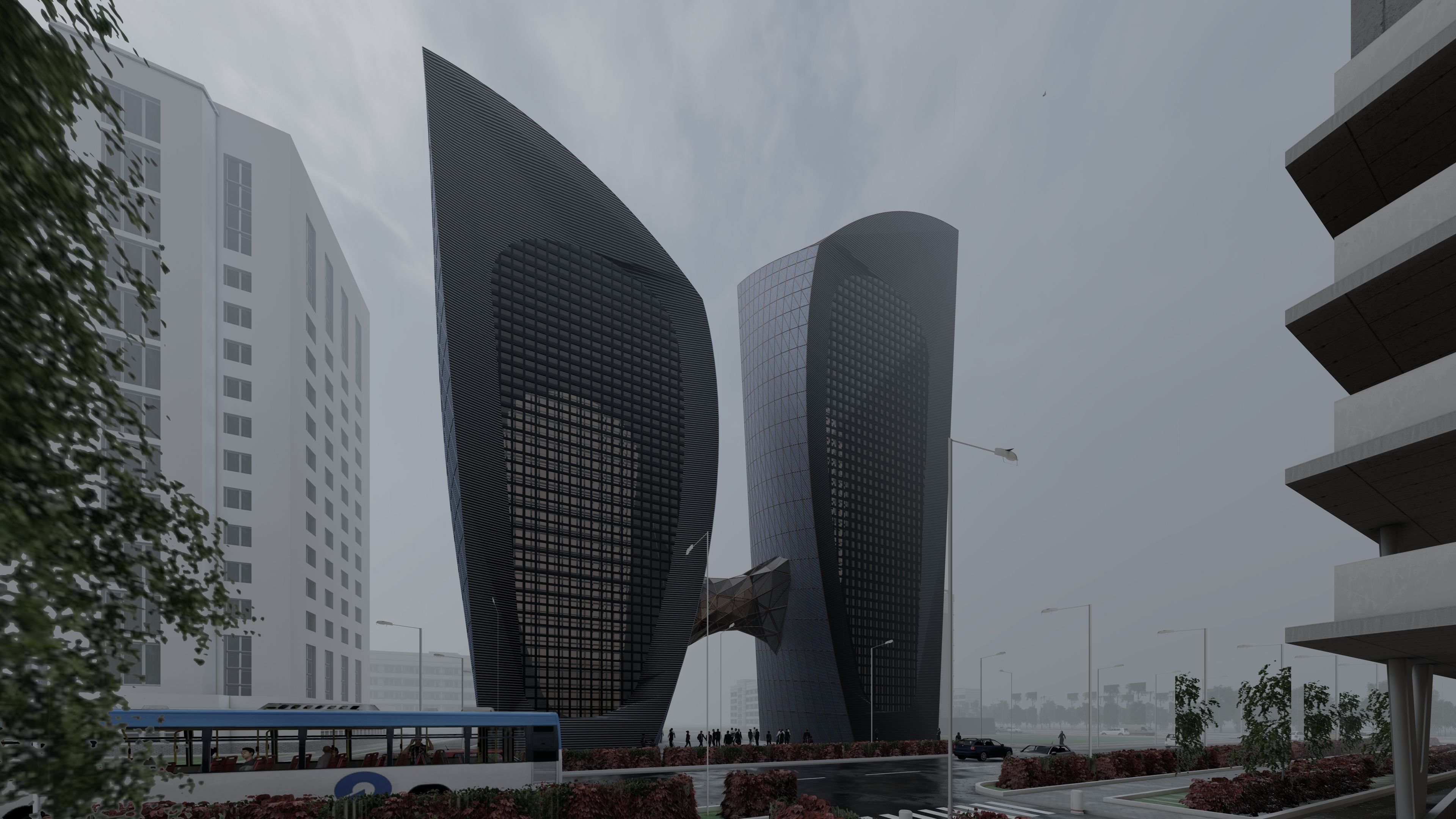 skyscraper futuristic building in middle of city Low-poly 3D model_1