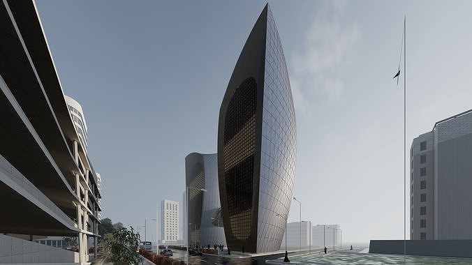 skyscraper futuristic building in middle of city Low-poly 3D model