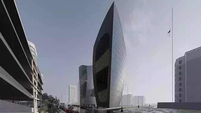 skyscraper futuristic building in middle of city Low-poly 3D model
