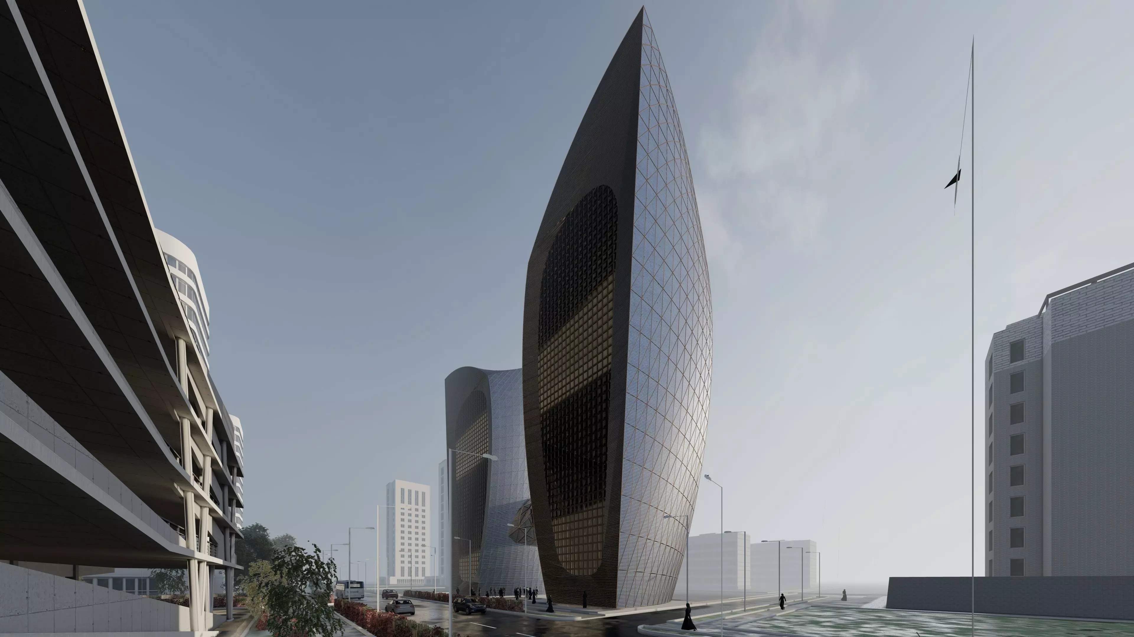 skyscraper futuristic building in middle of city Low-poly 3D model_0