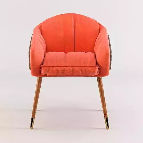 chair orange velvet with wooden legs 3D model 2