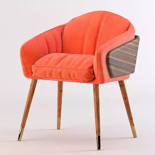 chair orange velvet with wooden legs 3D model 4