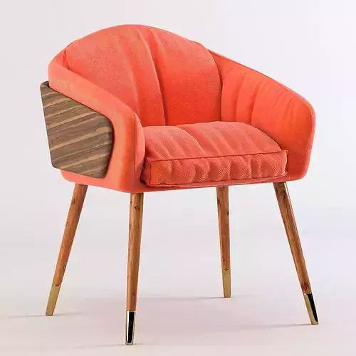 chair orange velvet with wooden legs 3D model