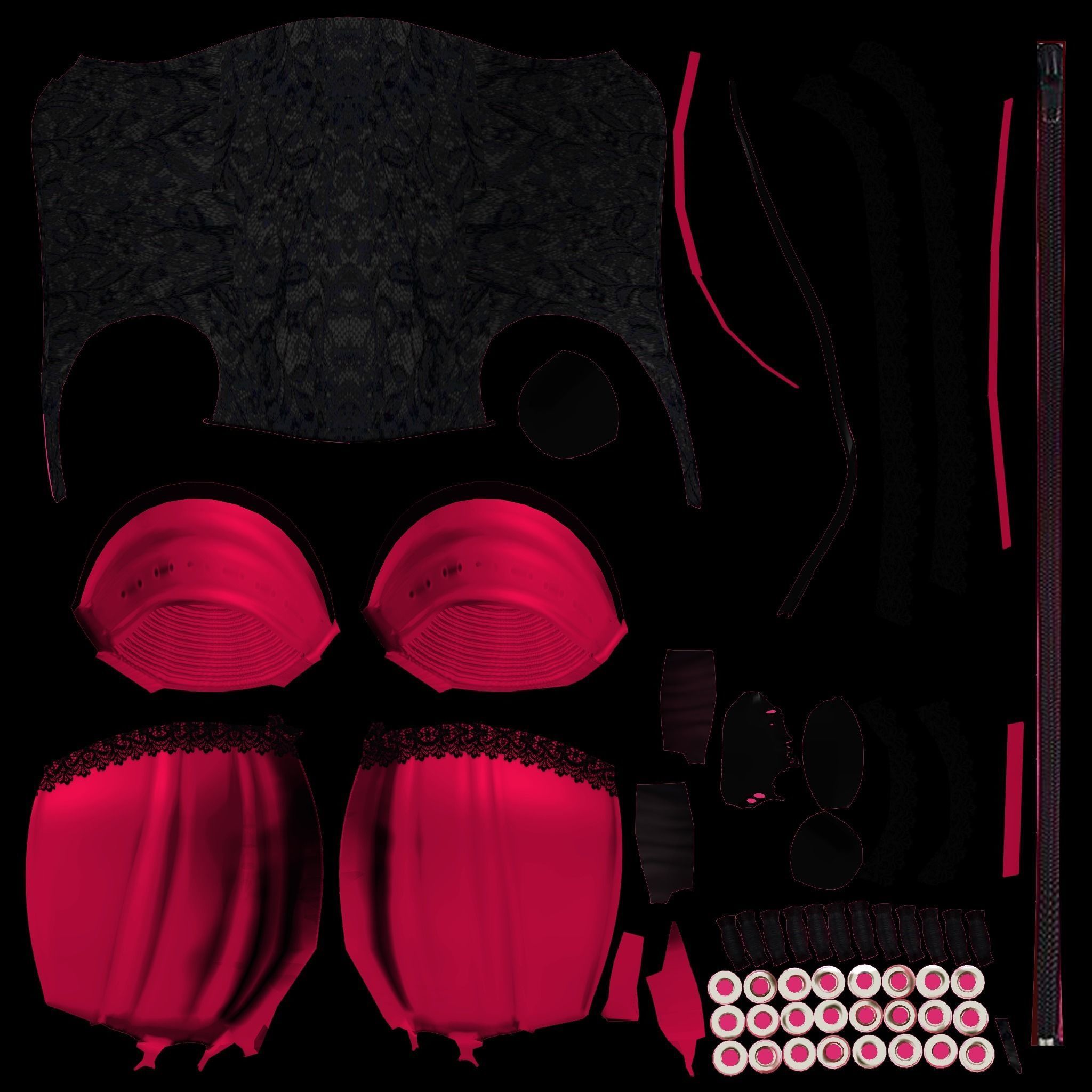 Pink Faux Silk With Black Lace Overlay Overbust Corset Low-poly 3D model_10