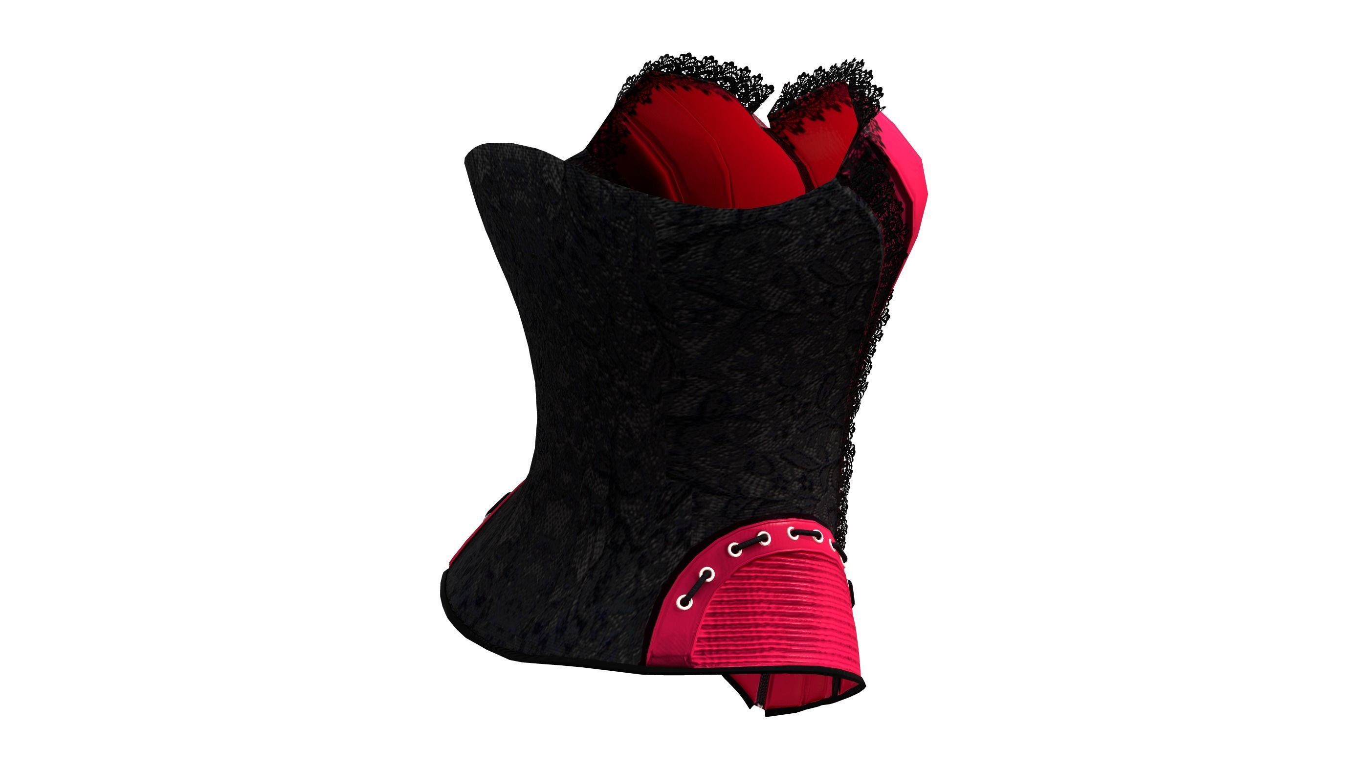 Pink Faux Silk With Black Lace Overlay Overbust Corset Low-poly 3D model_6