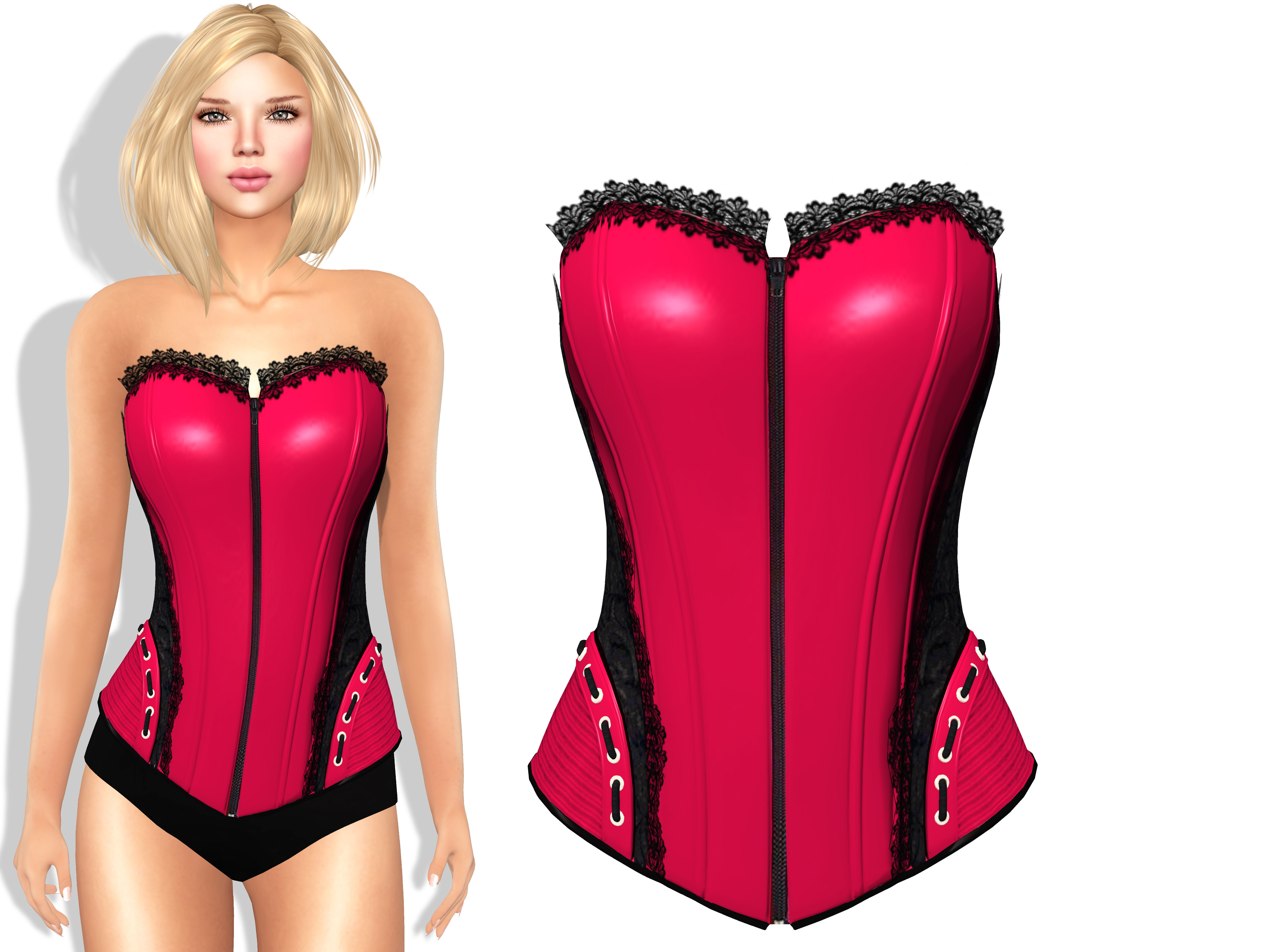 Pink Faux Silk With Black Lace Overlay Overbust Corset Low-poly 3D model_2