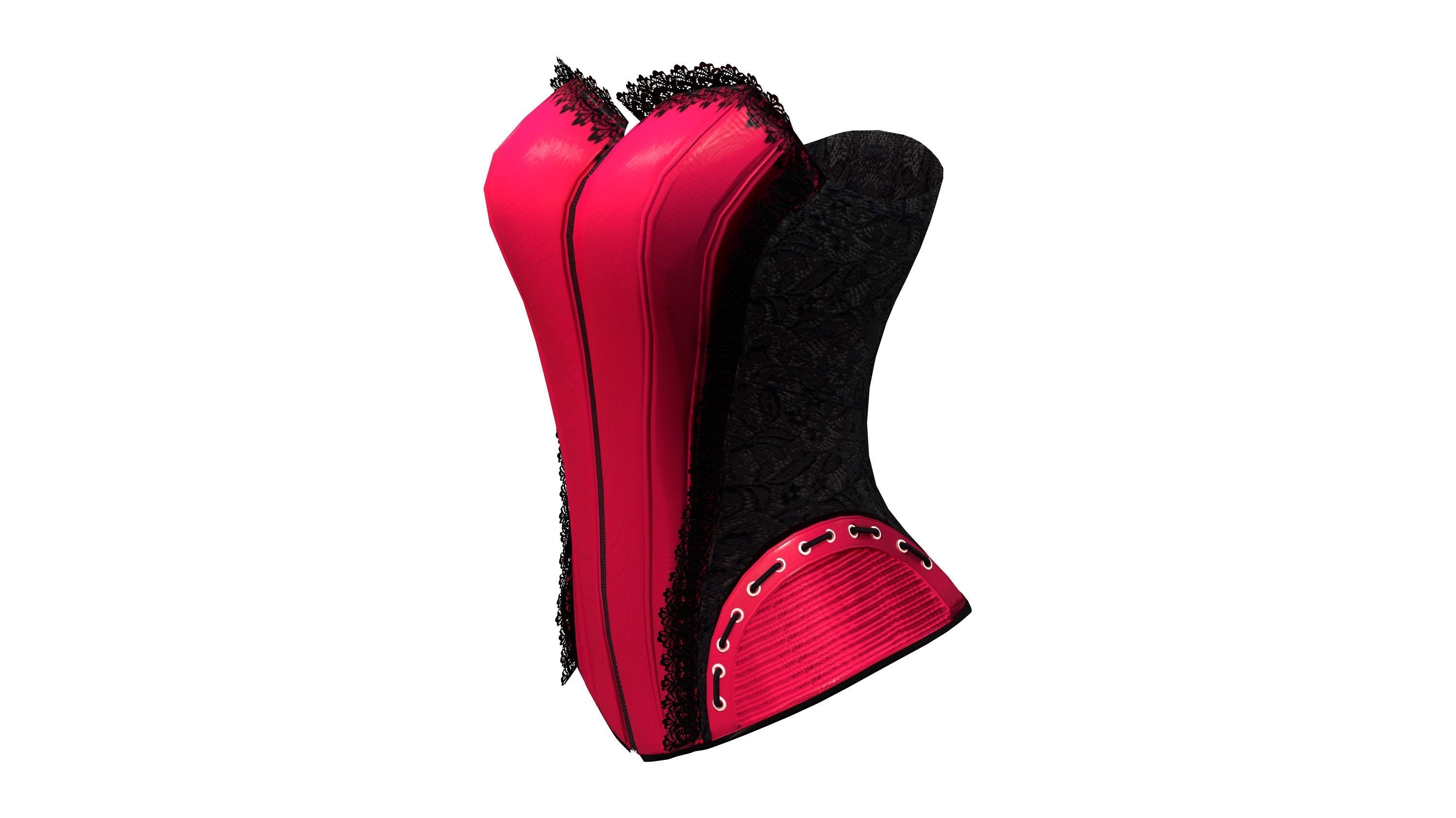Pink Faux Silk With Black Lace Overlay Overbust Corset Low-poly 3D model_3