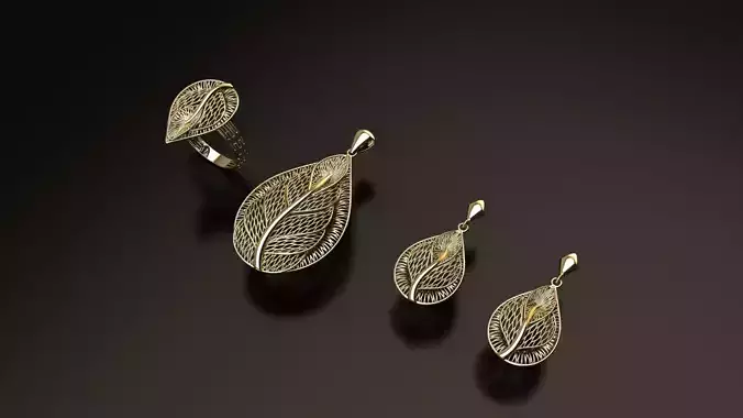 MINI SET of gold leaf earrings and ring