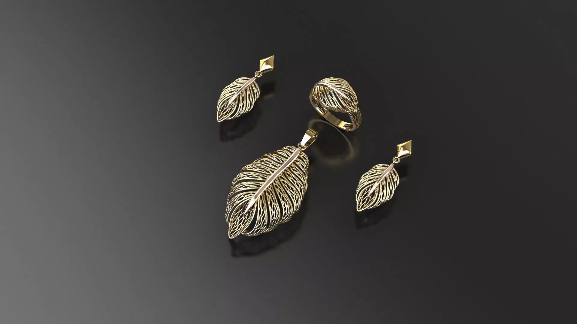 MINI SET gold leaf pendant and earrings 3D print model_0