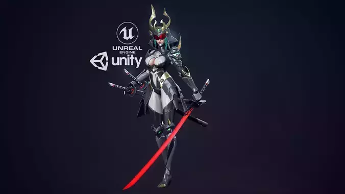 Cyber Ninja Girl - Game Ready Low-poly 3D model
