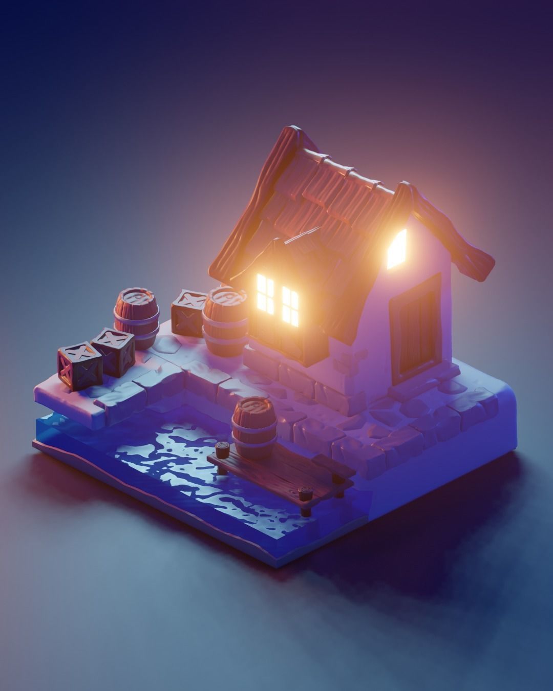 waterfront low poly model render in blender Low-poly 3D model_1