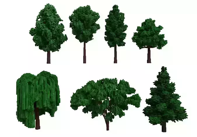 3D tree set that simulates pixel art