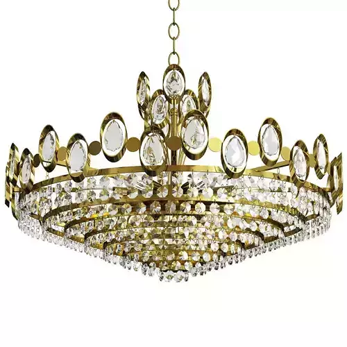 Golden Gilded Brass and Crystal Glass Chandelier by Palwa