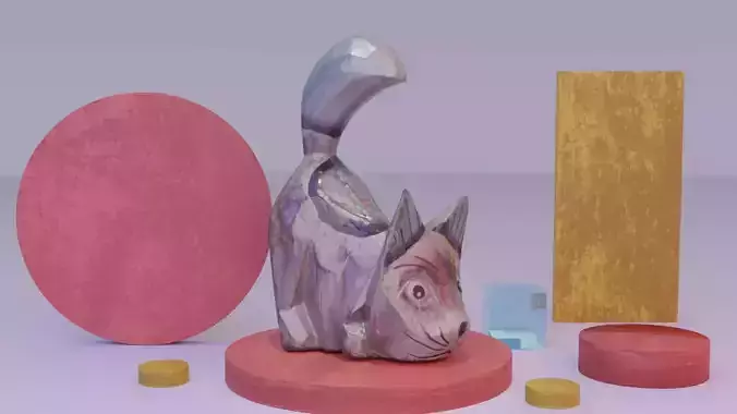 Cat wood statue 02 high-poly