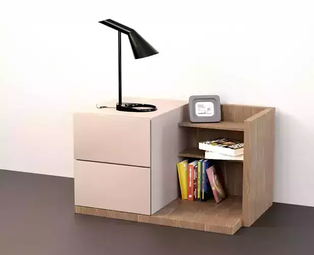 Commode bedside table with bookshelf and lamp