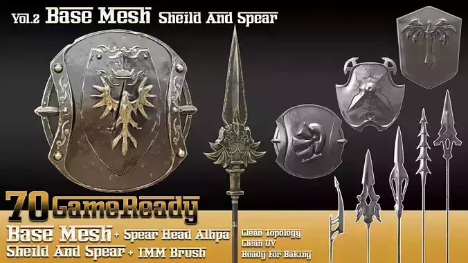 70 Base Mesh Vol 2 Sheild and Spear Game Ready Low-poly 3D model